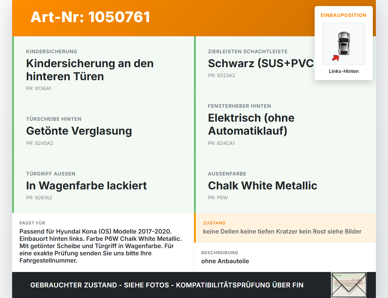 Hyundai Kona OS 17-20 Tür Links Hinten P6W Hyundai Kona OS 17-20 03.08.2018 77003J-9000 gebraucht Vorschau 3