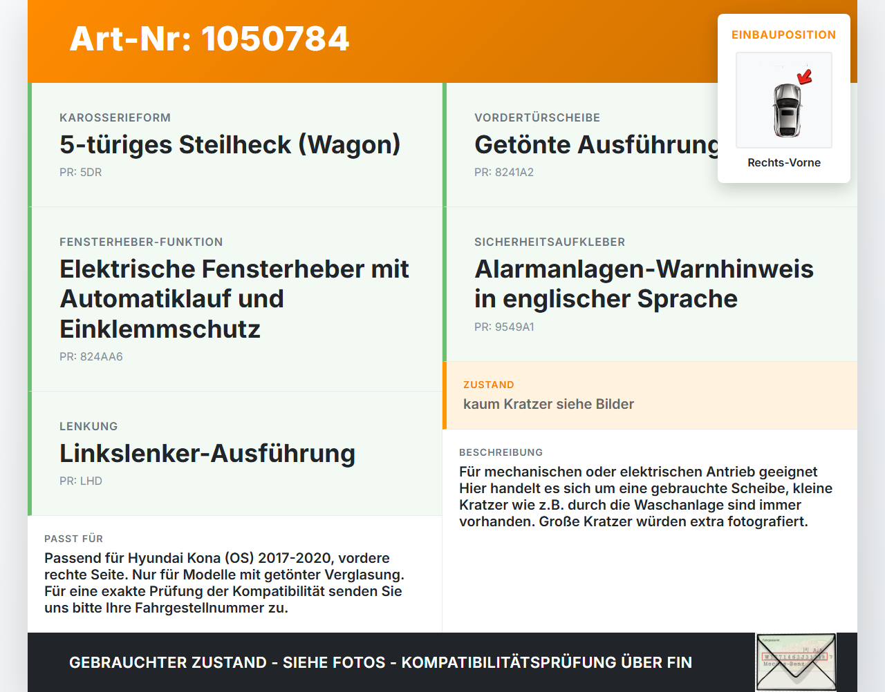 Hyundai Kona OS 17-20 Seitenscheibe RVK Türscheibe Rechts Vorne Hyundai Kona OS 17-20 03.08.2018 E000008... Vorschau 3