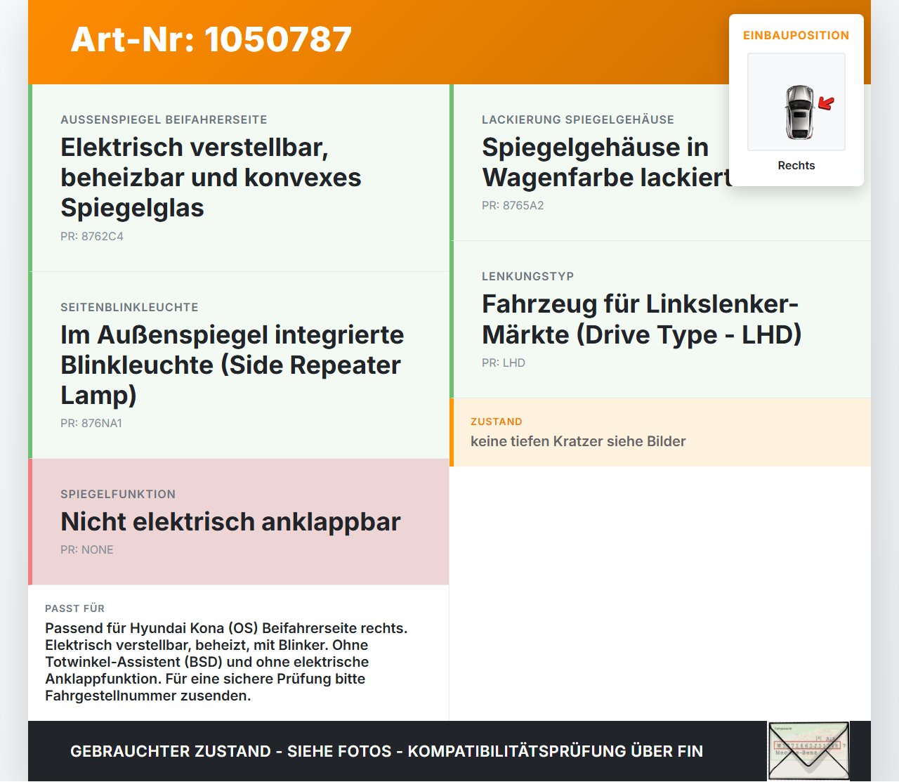 Hyundai Kona OS 17-20 Spiegel Aussenspiegel Rechts P6W Hyundai Kona OS 17-20 03.08.2018 87620J9000P6W... Vorschau 3