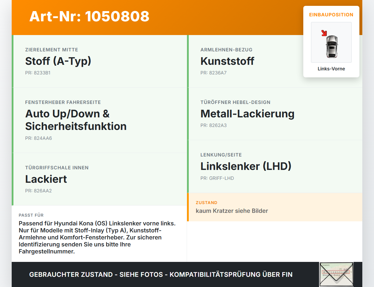 Hyundai Kona OS 17-20 Türverkleidung Türpappe Links Vorne Hyundai Kona OS 17-20 03.08.2018 82307J-9010RGH gebraucht Vorschau 3