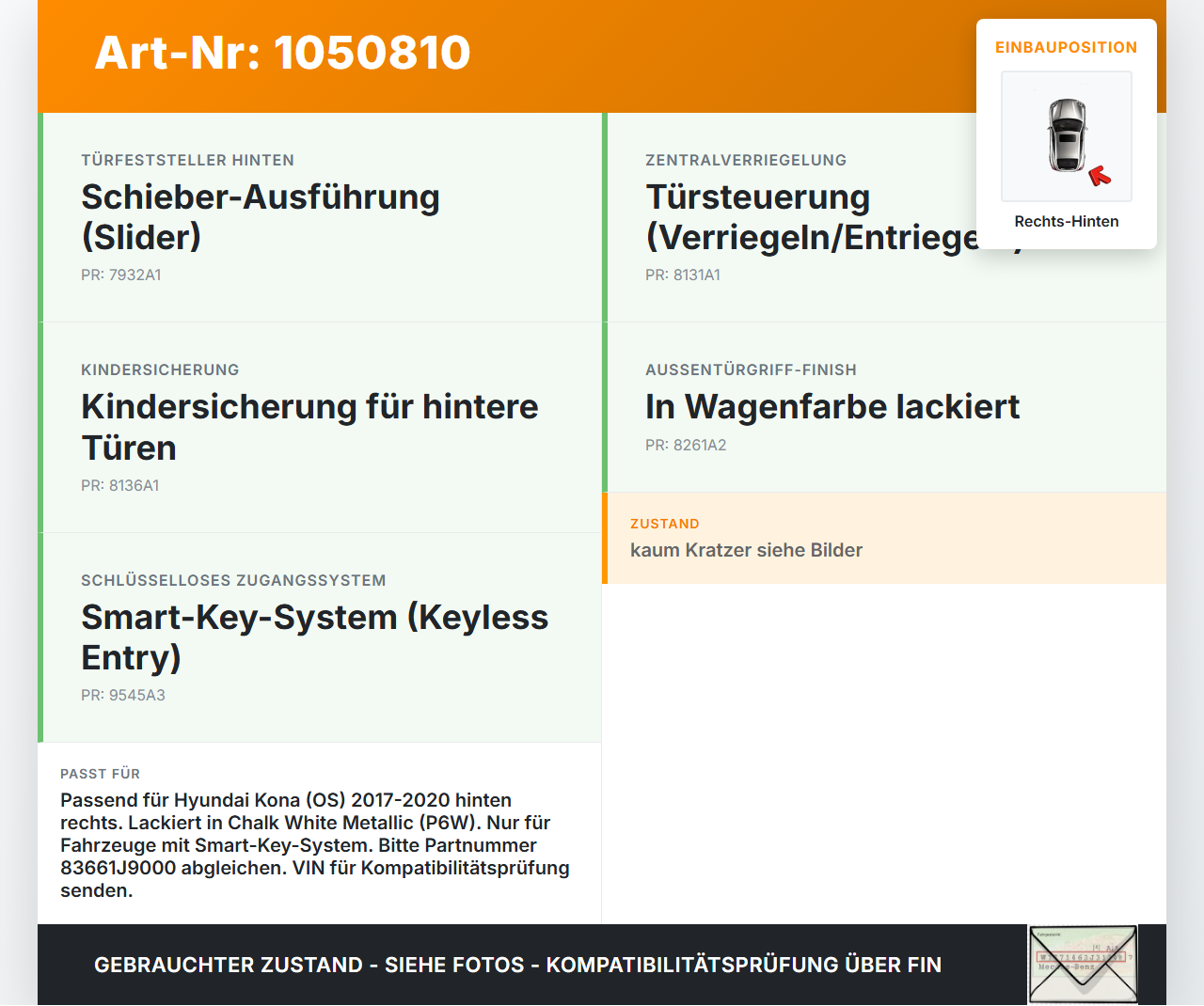 Hyundai Kona OS 17-20 Türgriff Griff aussen Rechts Hinten P6W Hyundai Kona OS 17-20 03.08.2018 83661J9000 gebraucht Vorschau 3