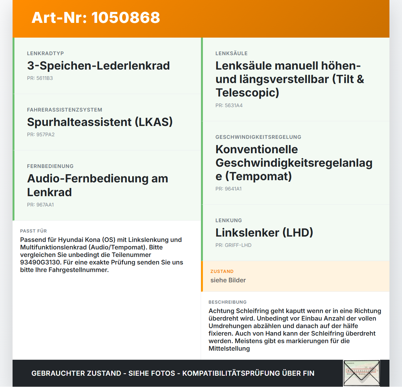Hyundai Kona OS 17-20 Airbag Schleifring Wickelfeder Hyundai Kona OS 17-20 03.08.2018 93490G3130 gebraucht Vorschau 3