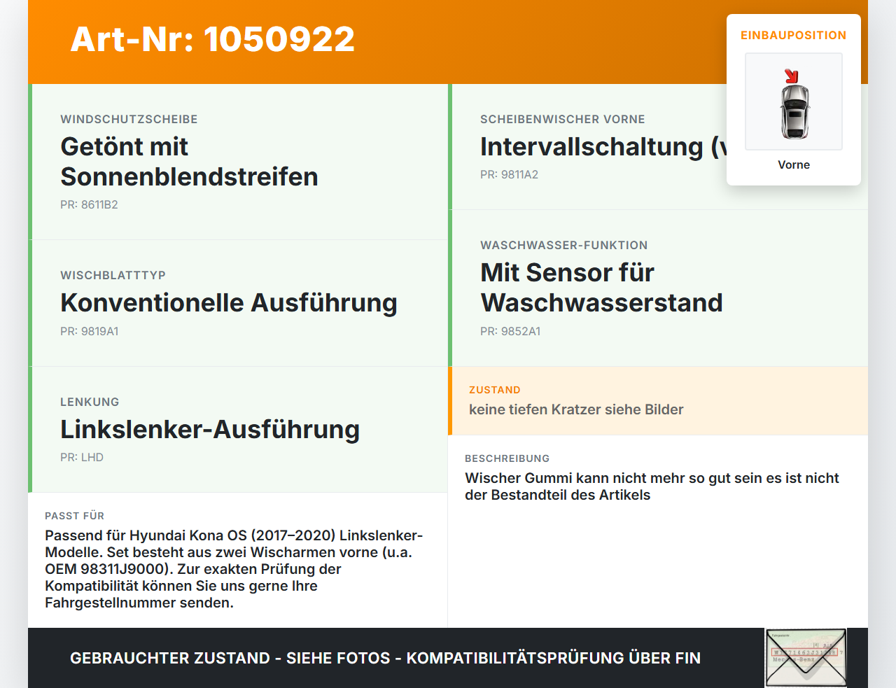 Hyundai Kona OS 17-20 2x Scheibenwischer Wischarm Vorne Hyundai Kona OS 17-20 03.08.2018 98311J9000 gebraucht Vorschau 3