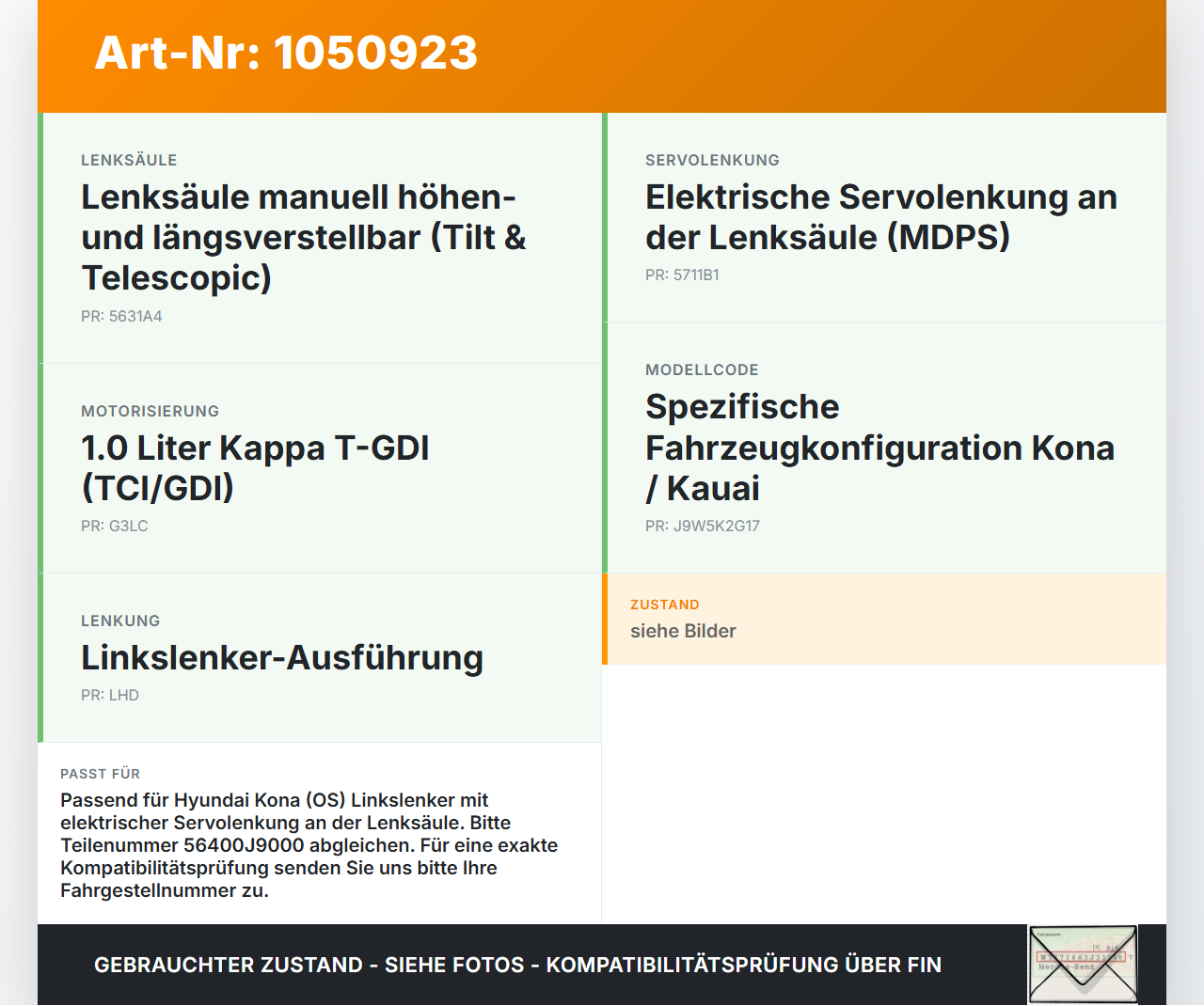 Hyundai Kona OS 17-20 Lenkungsteil Kreuzgelenk Hyundai Kona OS 17-20 03.08.2018 56400J9000 18030953483 gebraucht Vorschau 3