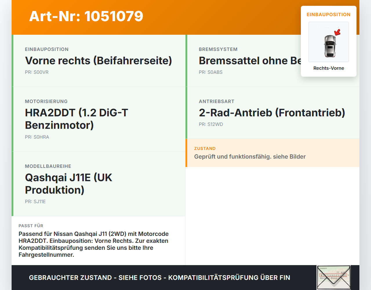 Nissan Qashqai II J11 17-21 DiG-T 1,2 85KW Bremssattel Bremszange Vorne Rechts Nissan Qashqai II J11 17-21... Vorschau 3