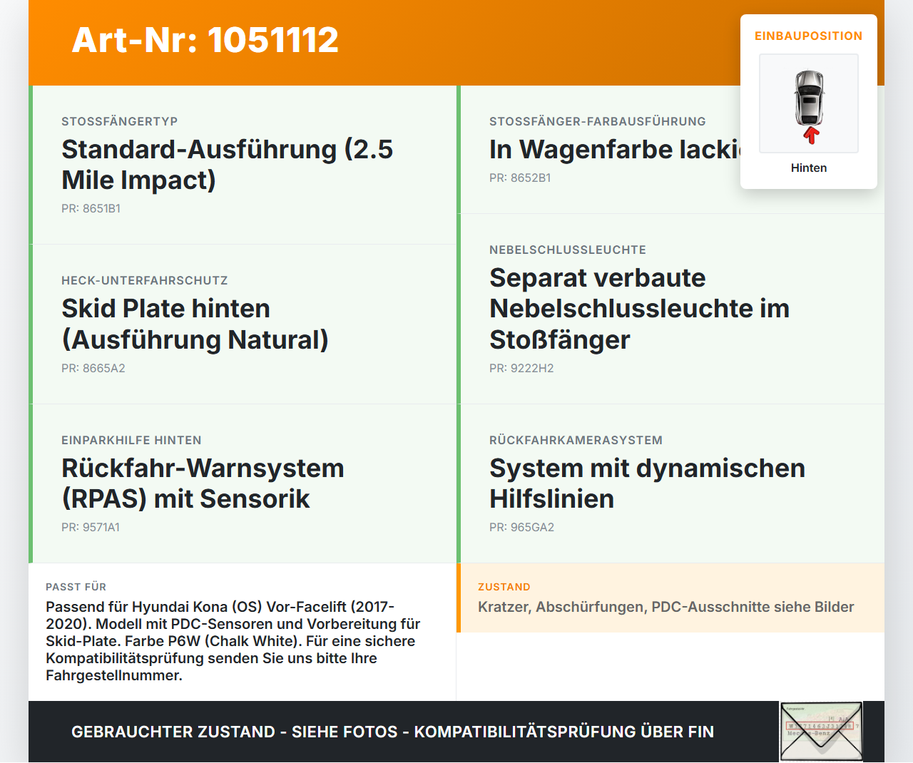 Hyundai Kona OS 17-20 Stoßstange Stoßfänger Heckstosstange Hinten P6W Hyundai Kona OS 17-20 03.08.2018 86610J-9010... Vorschau 3