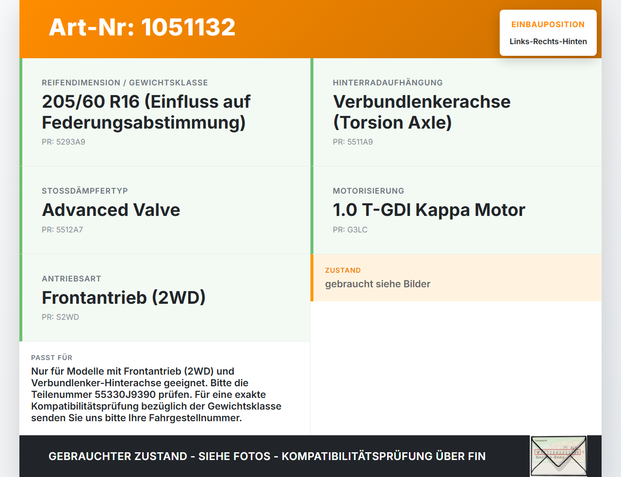 Hyundai Kona OS 17-20 Feder Hinten Links und Rechts Hyundai Kona OS 17-20 03.08.2018 55330J9390 gebraucht Vorschau 3