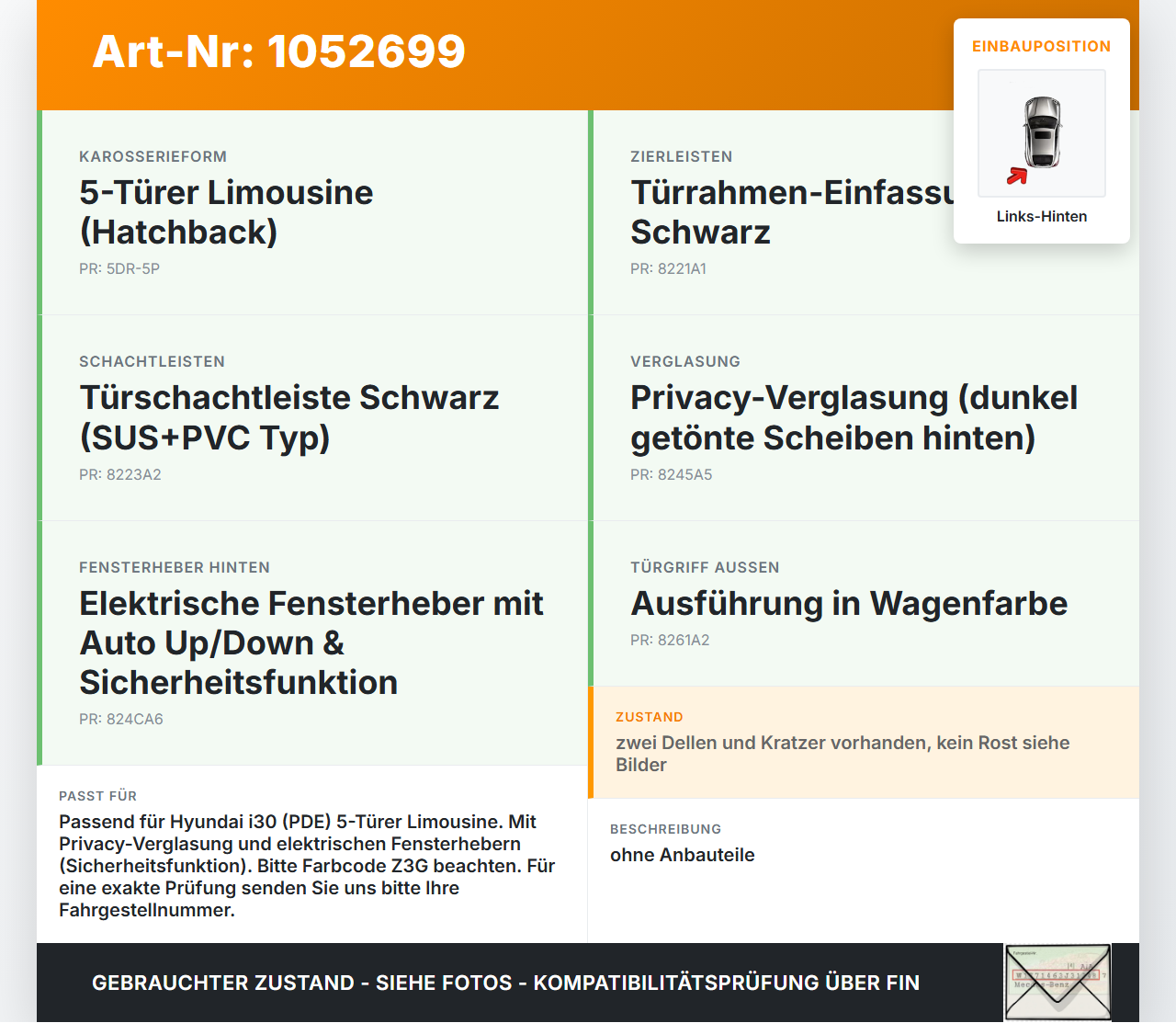 Hyundai PDE 17-20 Lim Tür Links Hinten Z3G Hyundai PDE 17-20 28.03.2019 77003G4000 gebraucht Vorschau 3