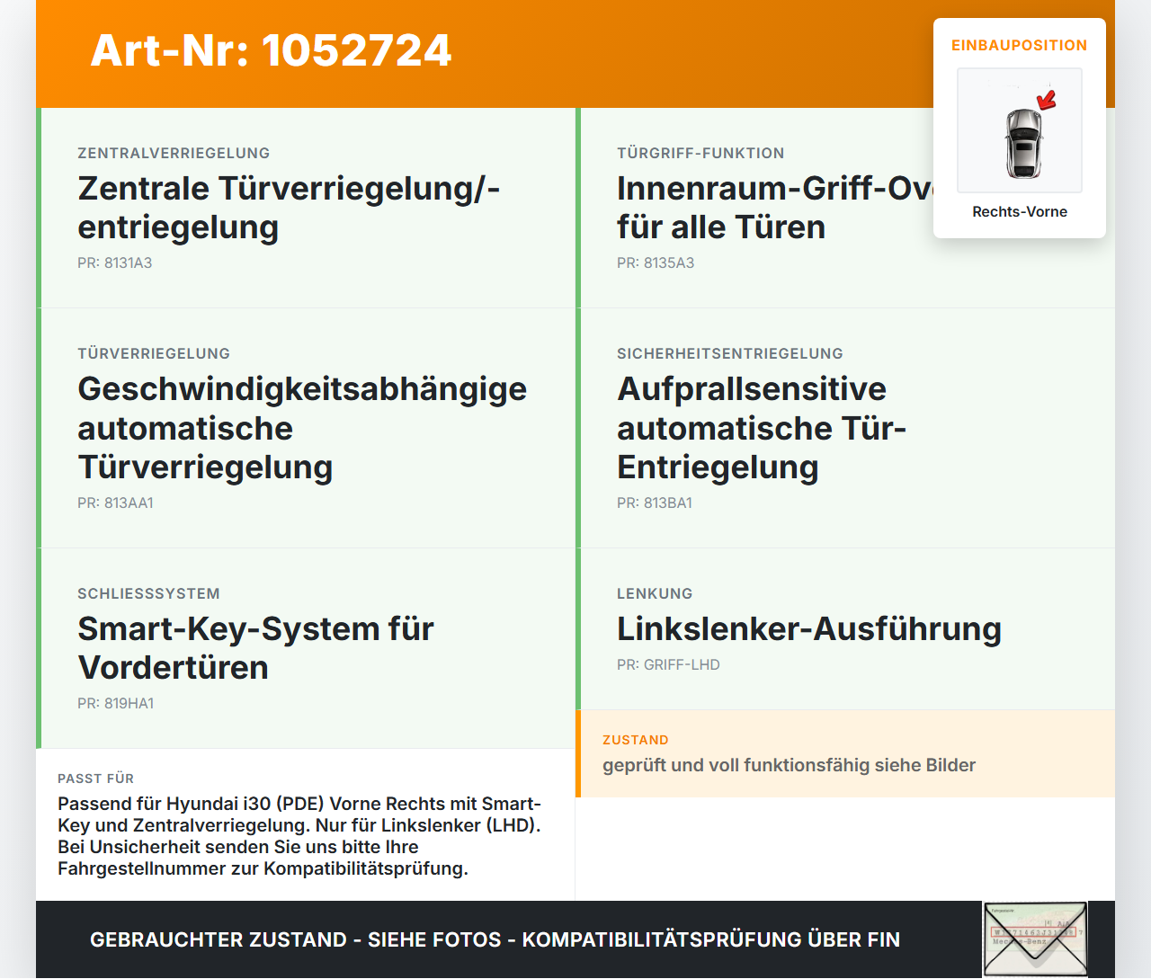 Hyundai PDE 17-20 Lim Türschloss m. ZV Stellmotor Rechts Vorne Hyundai PDE 17-20 28.03.2019 81320G3050 81320-G3050... Vorschau 3