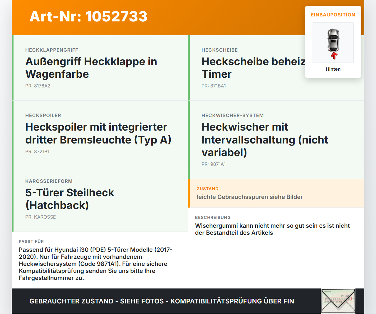 Hyundai PDE 17-20 Lim Heckwischer Scheibenwischer Hinten Wischarm Hyundai PDE 17-20 28.03.2019 98811G3000 gebraucht Vorschau 3