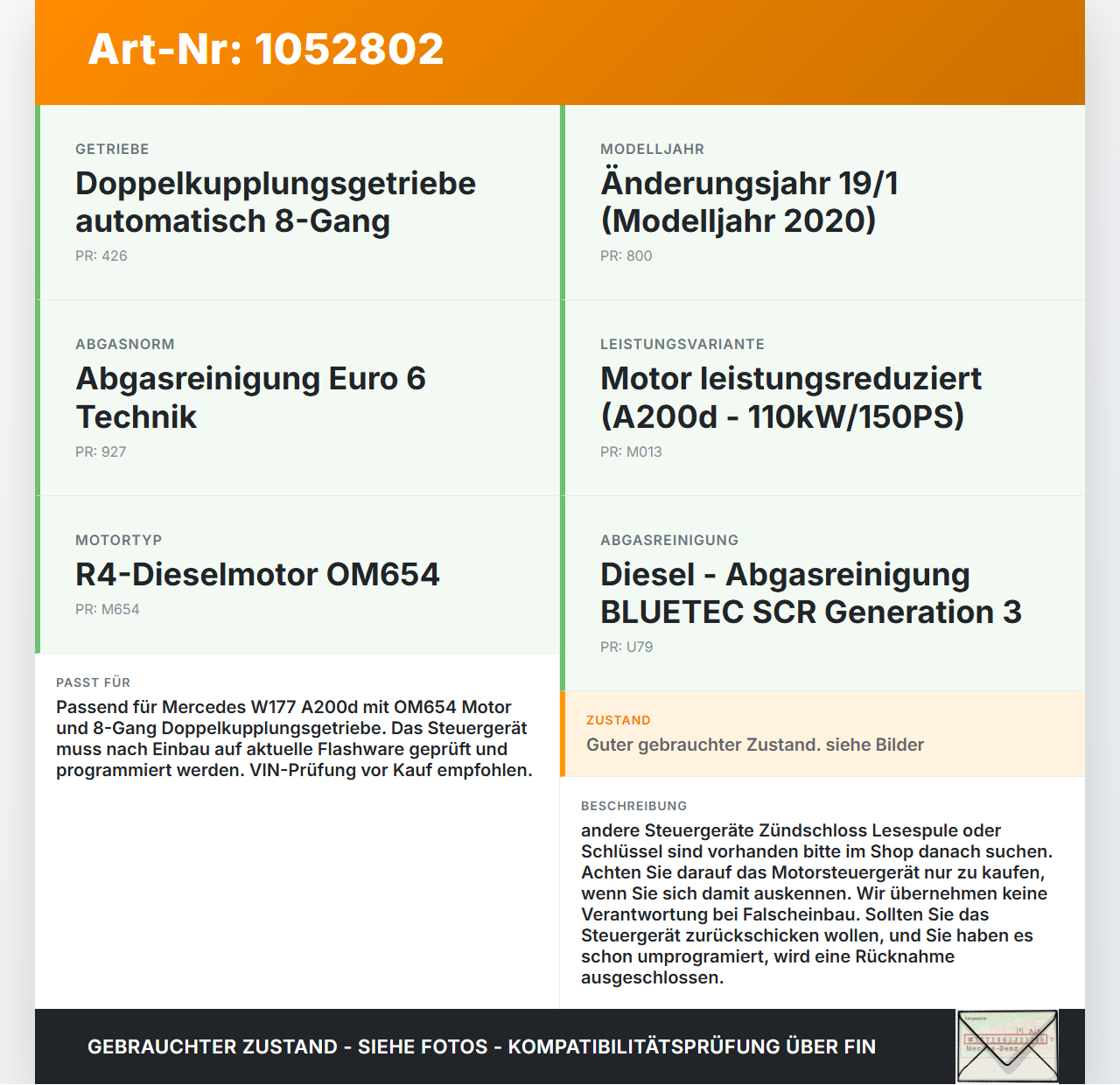 Mercedes W177 A200d 18-22 2,0d 110KW Steuergerät ECU für Motor Motorsteuergerät Mercedes W177 A200d 18-22... Vorschau 3