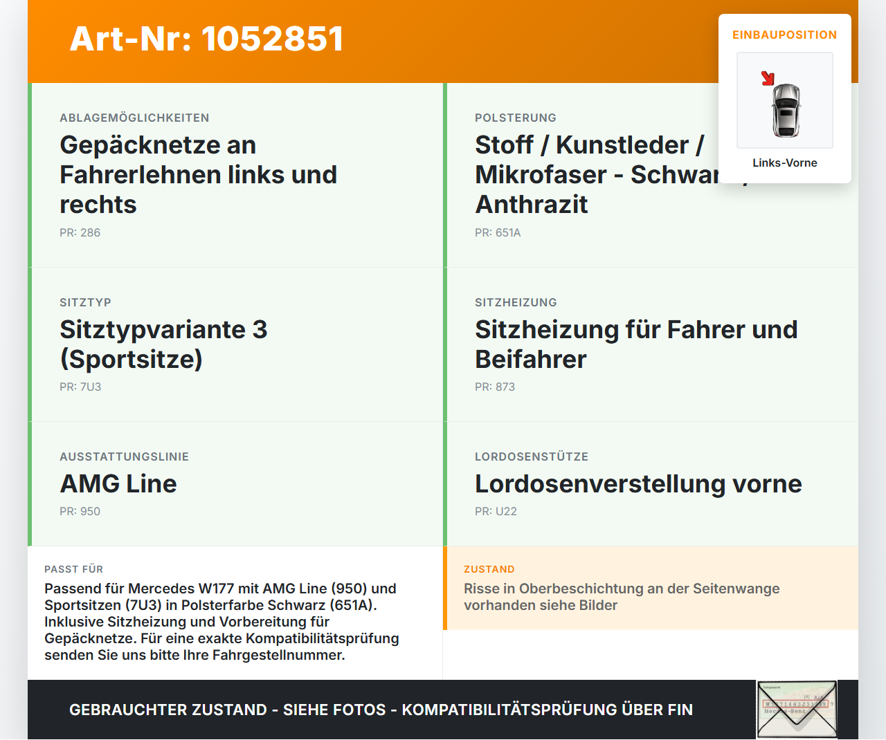 Mercedes W177 A200d 18-22 Lim Sitzbezug Rückenpolster Links Vorne für Fahrer Sitz Mercedes W177 A200d 18-22... Vorschau 3