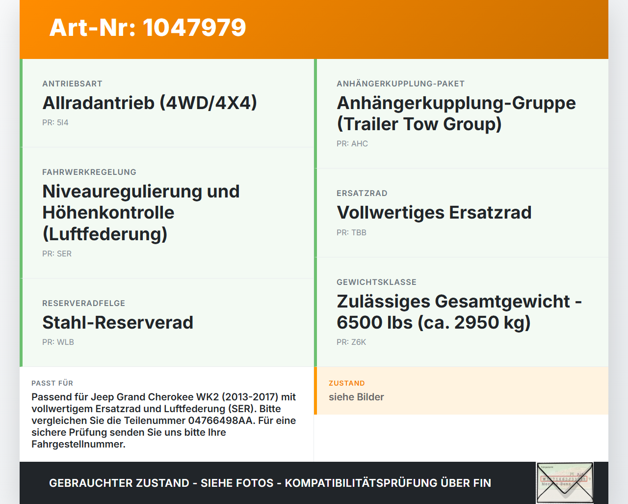 Jeep Grand Cherokee WK2 13-17 Wagenheber Jeep Grand Cherokee WK2 13-17 24.02.2017 04766498AA gebraucht Vorschau 3