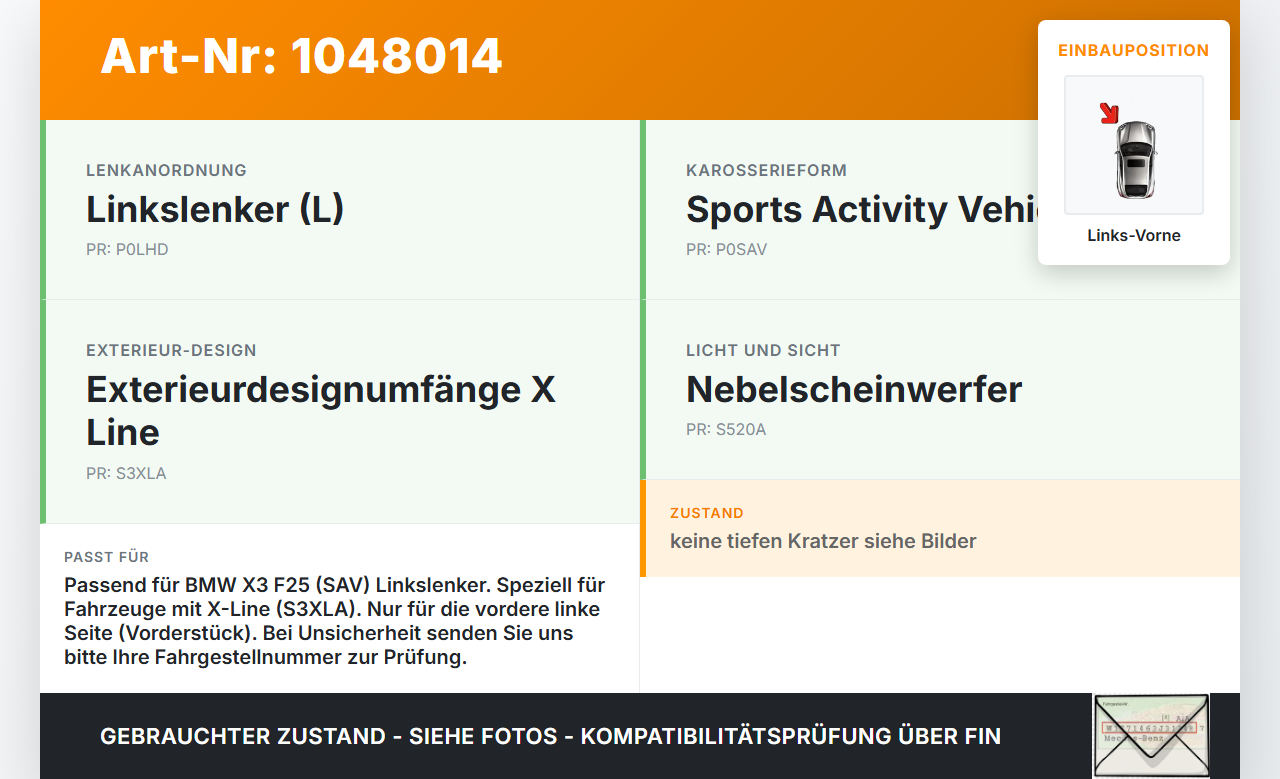 BMW X3 F25 10-14 Radhausschale Verkleidung Radlauf für Kotflügel Links Vorne Vorderstück BMW X3 F25 10-14... Vorschau 3