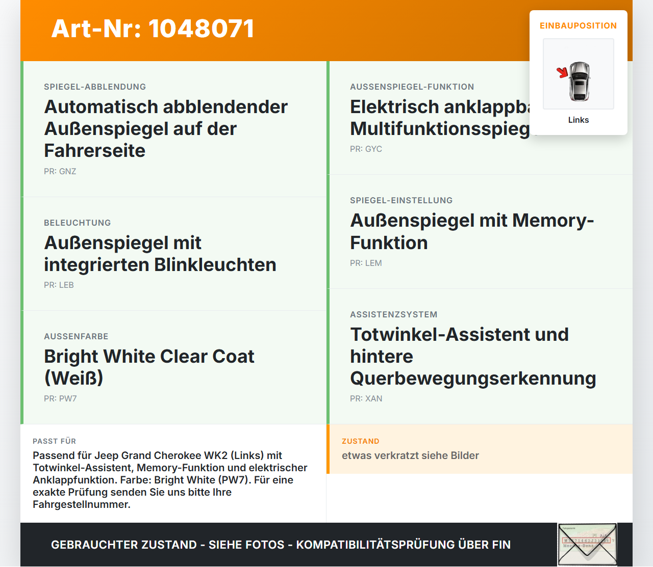 Jeep Grand Cherokee WK2 13-17 Spiegel Aussenspiegel Links Elektrochrom Totwinkelwarner PW7 Jeep Grand Cherokee WK2... Vorschau 3