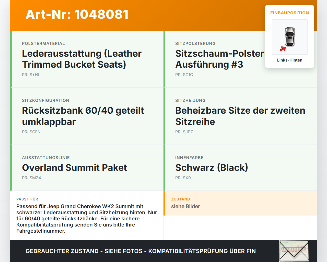 Jeep Grand Cherokee WK2 13-17 Leder Sitz Links für Rücksitzbank Hinten Summit Jeep Grand Cherokee WK2 13-17... Vorschau 3