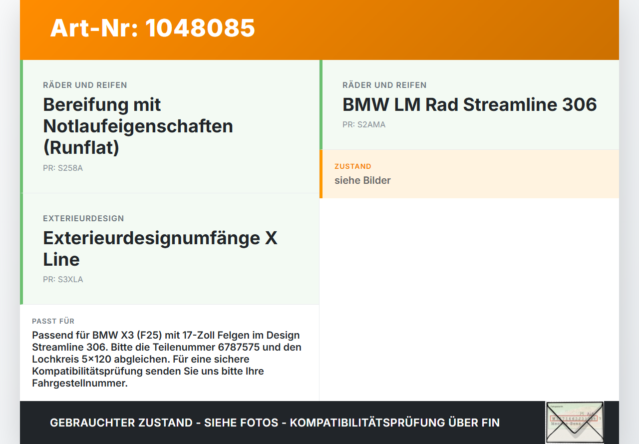 BMW X3 F25 10-14 1 x Felge Aluminiumfelge 17 Zoll 5X120 BMW X3 F25 10-14 20.03.2012 6787575 gebraucht Vorschau 3