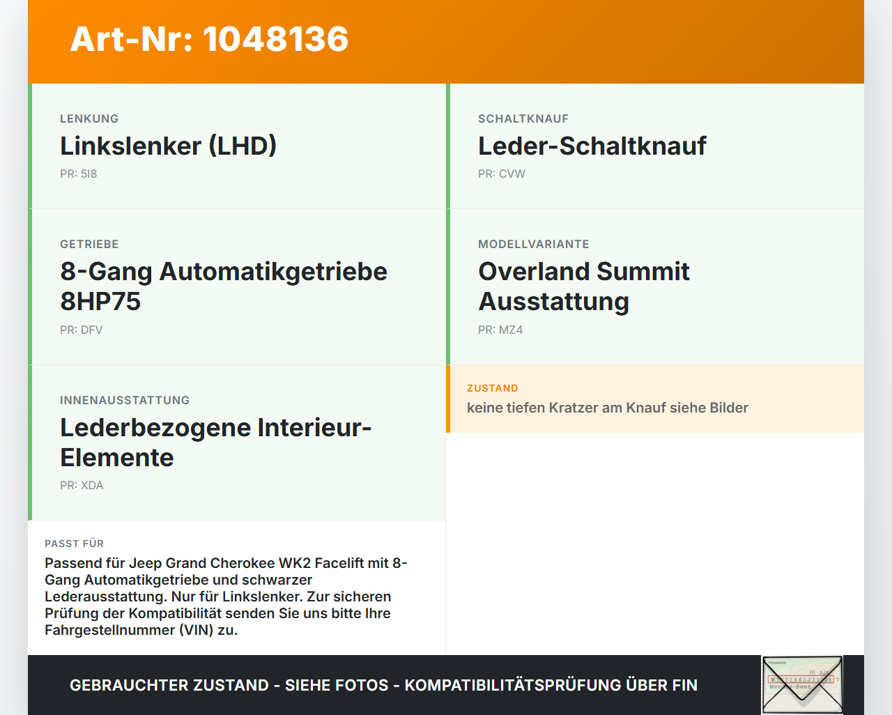 Jeep Grand Cherokee WK2 13-17 3,0d 184KW Autom Schaltknauf mit Schaltsack Automatik Jeep Grand Cherokee WK2 13-17... Vorschau 3