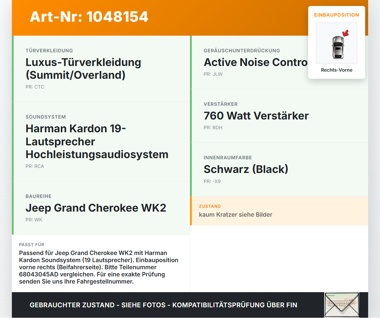 Jeep Grand Cherokee WK2 13-17 Lautsprecher Harman Kardon vorne rechts Jeep Grand Cherokee WK2 13-17 24.02.2017... Vorschau 3
