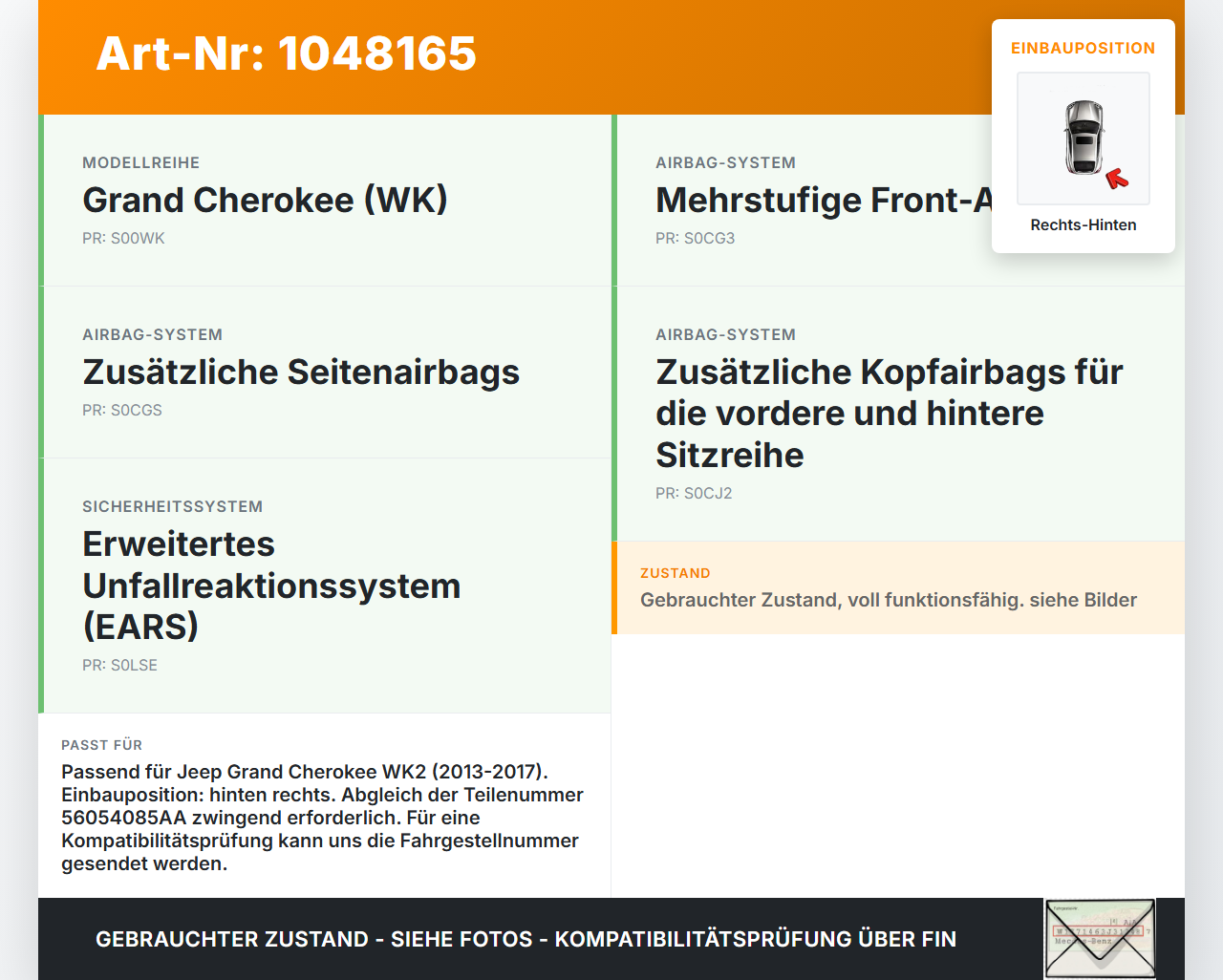 Jeep Grand Cherokee WK2 13-17 Airbagsensor Crashsensor Rechts Hinten Jeep Grand Cherokee WK2 13-17 24.02.2017... Vorschau 3