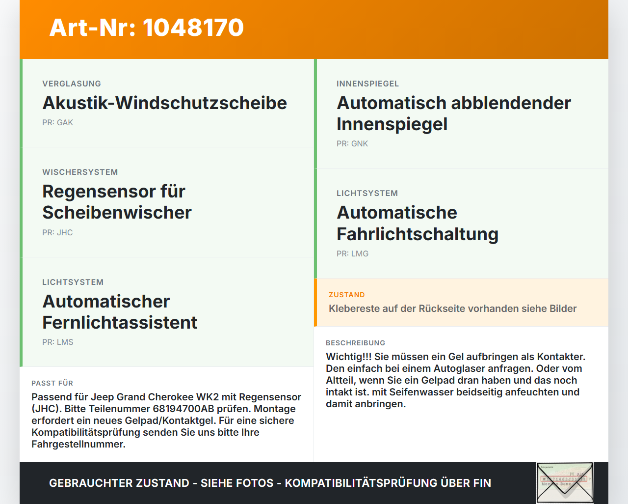 Jeep Grand Cherokee WK2 13-17 Regensensor Jeep Grand Cherokee WK2 13-17 24.02.2017 68194700AB gebraucht Vorschau 3