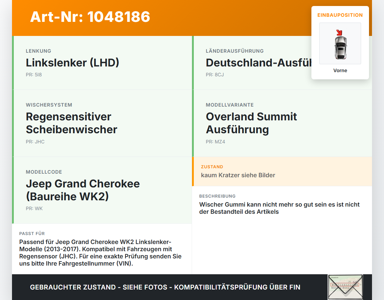 Jeep Grand Cherokee WK2 13-17 2x Scheibenwischer Wischarm Vorne Jeep Grand Cherokee WK2 13-17 24.02.2017 gebraucht Vorschau 3