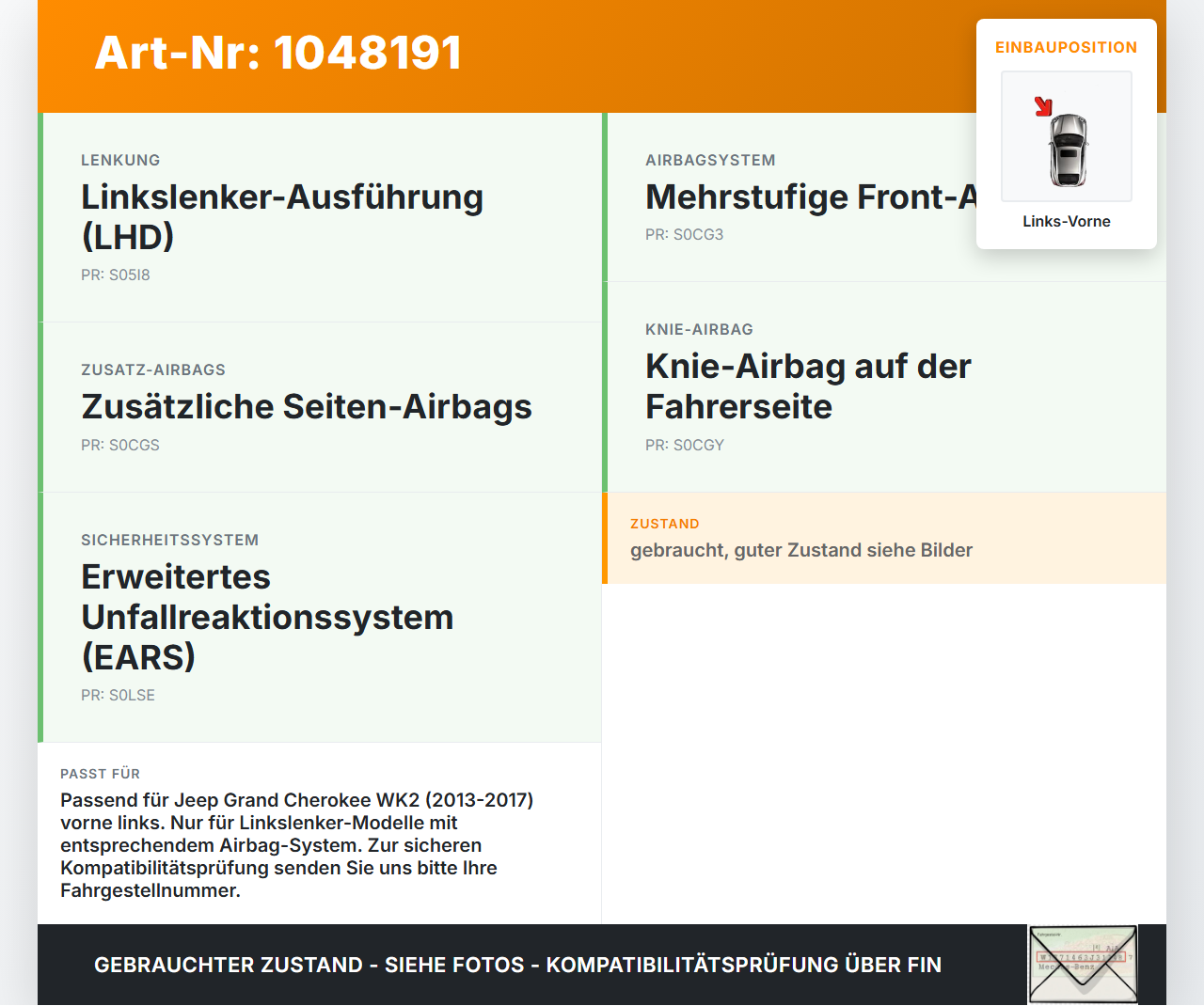 Jeep Grand Cherokee WK2 13-17 Airbagsensor Crashsensor Sensor Links Vorne Jeep Grand Cherokee WK2 13-17 24.02.2017... Vorschau 3