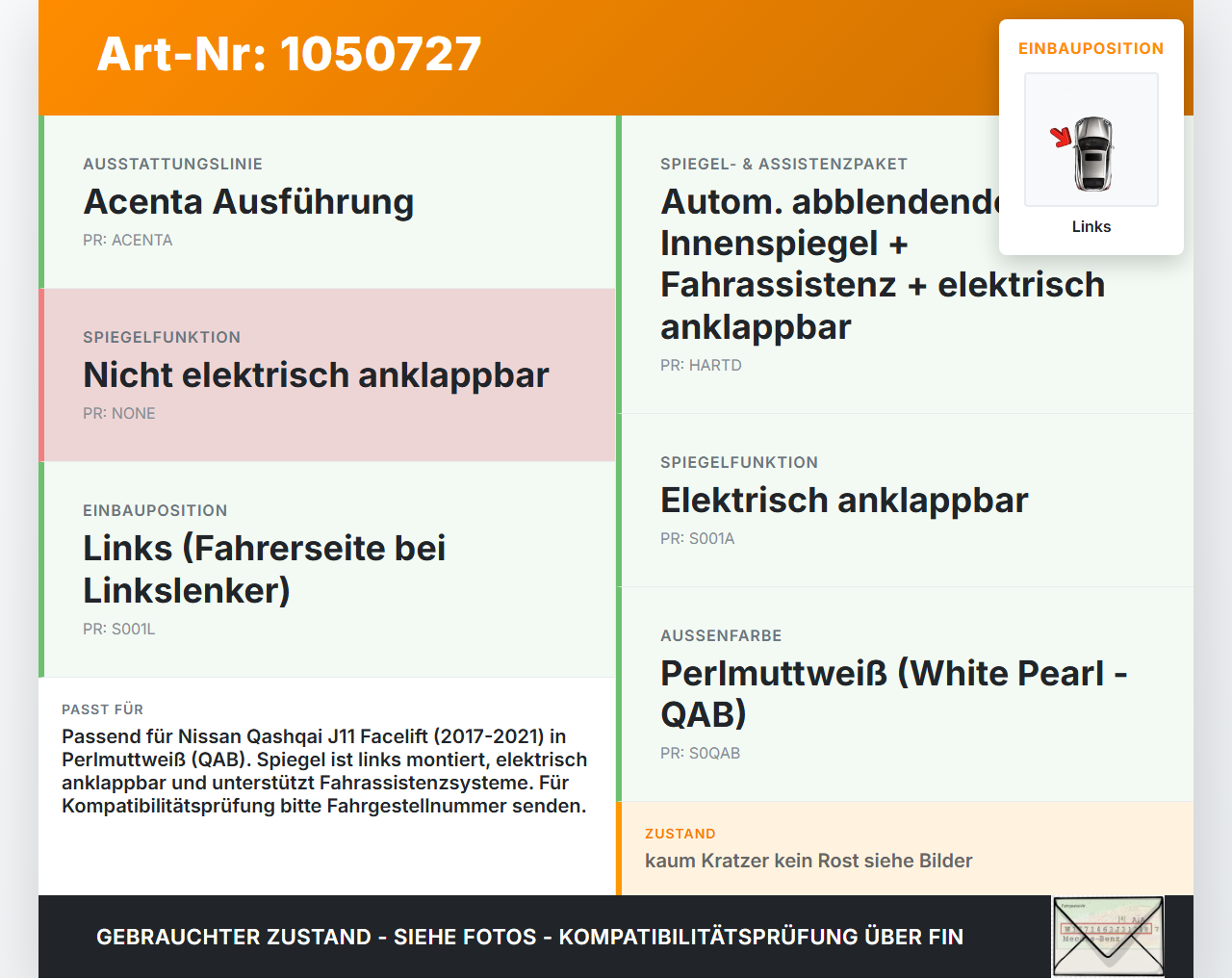 Nissan Qashqai II J11 17-21 Spiegel Aussenspiegel Links QAB Nissan Qashqai II J11 17-21 01.06.2017 96302HV56A gebraucht Vorschau 3