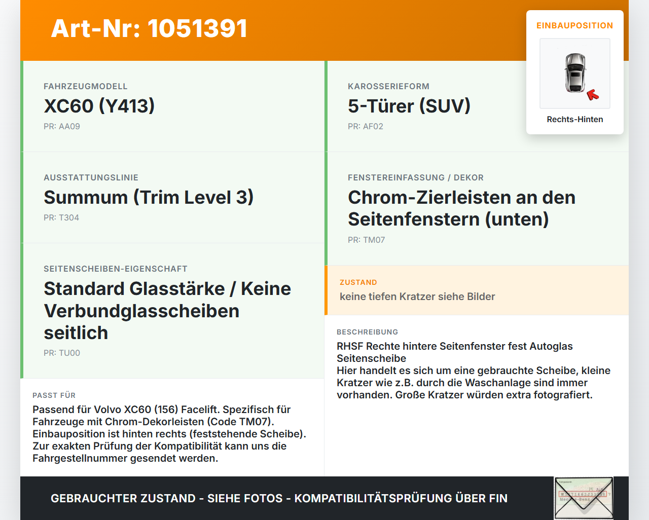 Volvo XC60 156 13-17 Seitenscheibe Feste Scheibe Rechts Hinten Volvo XC60 156 13-17 23.11.2016 31333486 31386803... Vorschau 3