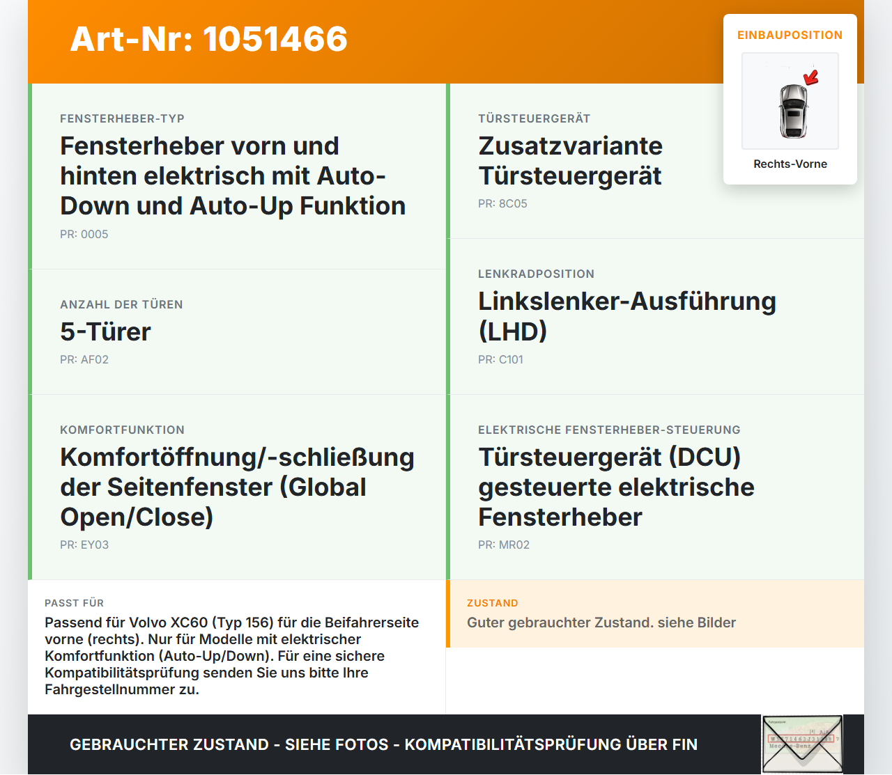 Volvo XC60 156 13-17 Fensterheber o. FH-Motor Rechts Vorne Volvo XC60 156 13-17 23.11.2016 3567720 31447855 gebraucht Vorschau 3