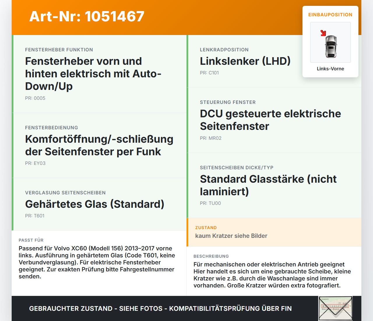 Volvo XC60 156 13-17 LVK Seitenscheibe für Tür Fenster Türscheibe Links Vorne Volvo XC60 156 13-17 23.11.2016... Vorschau 3