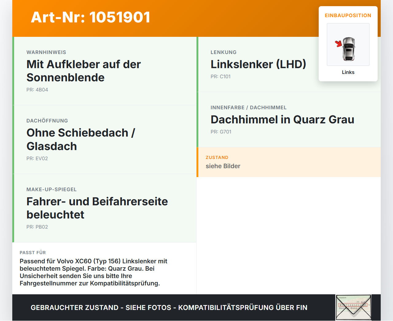 Volvo XC60 156 13-17 Sonnenblende Links für Fahrer Volvo XC60 156 13-17 23.11.2016 39824049 gebraucht Vorschau 3