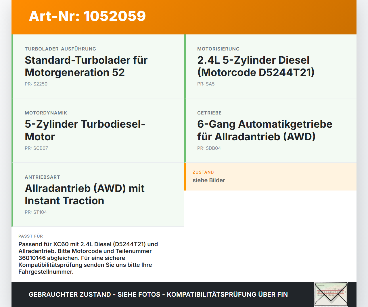 Volvo XC60 156 13-17 2,4 140KW D5244T21 Turbolader Turbo Volvo XC60 156 13-17 23.11.2016 36010146 54399700141 gebraucht Vorschau 3