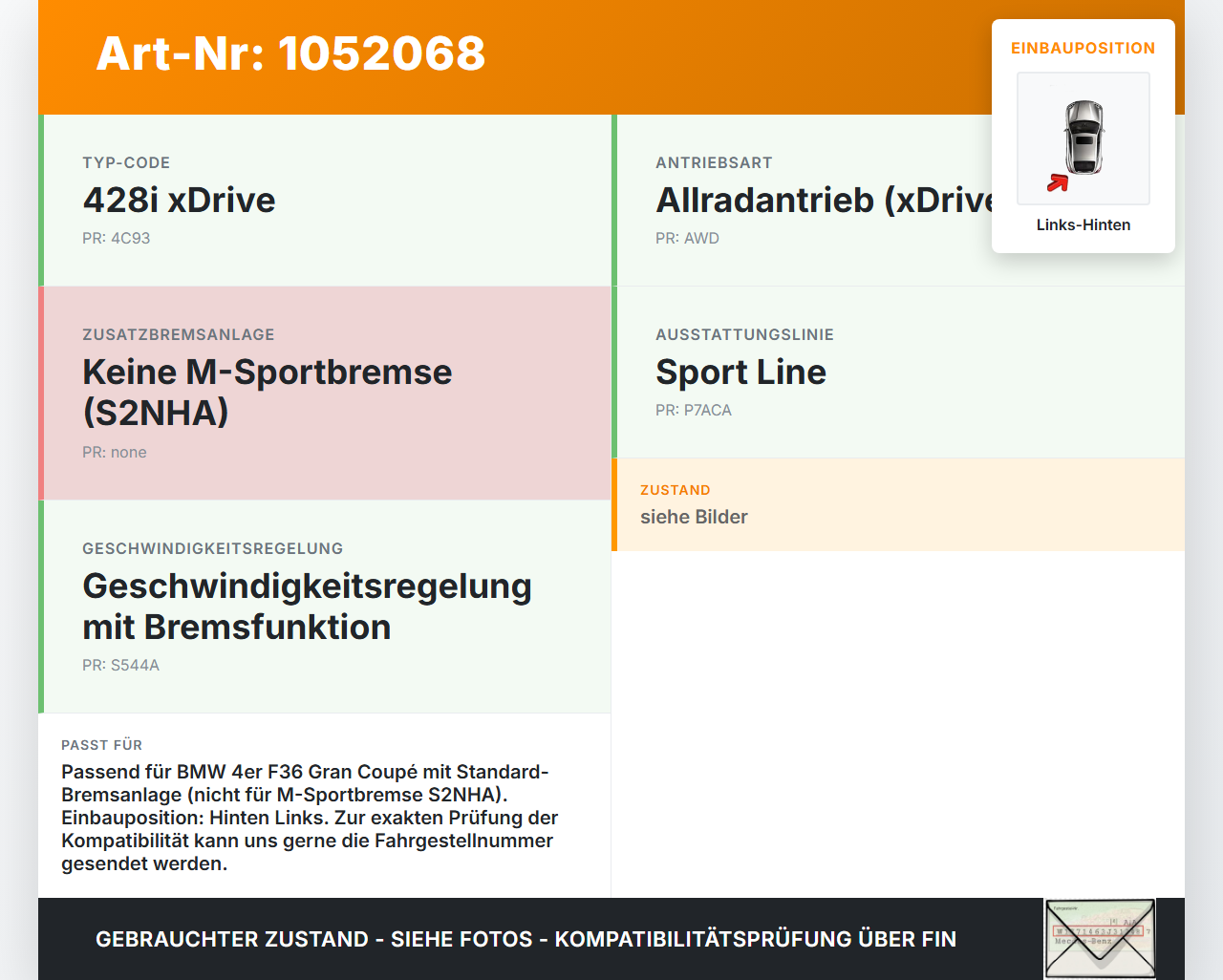 BMW 428i F36 14-17 2,0 180KW Bremssattel Bremszange Hinten Links BMW 428i F36 14-17 02.06.2016 6850857 34216850857... Vorschau 3