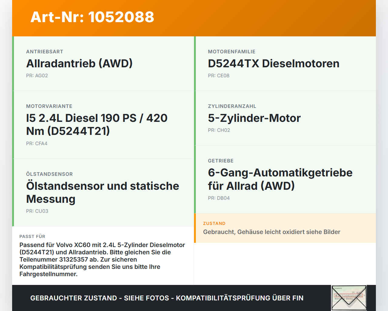 Volvo XC60 156 13-17 2,4 140KW D5244T21 Ölpumpe Volvo XC60 156 13-17 23.11.2016 31325357 31325357AA gebraucht Vorschau 3