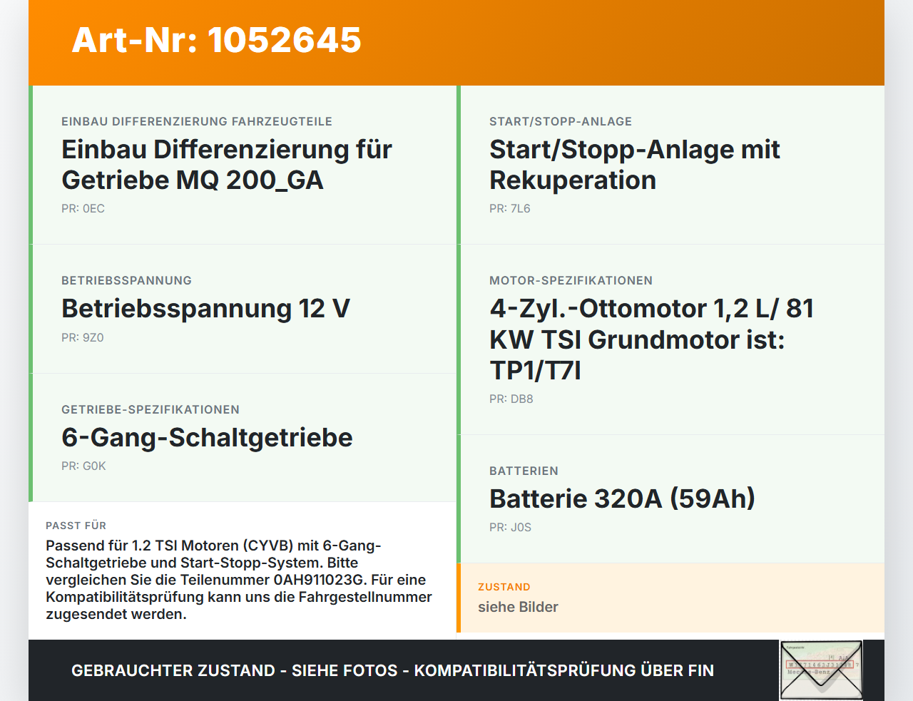 VW Touran II 5T 15-24 TSI 1,2 81KW Anlasser Starter VW Touran II 5T 15-24 12.05.2016 0AH911023G 428000-8863 gebraucht Vorschau 3