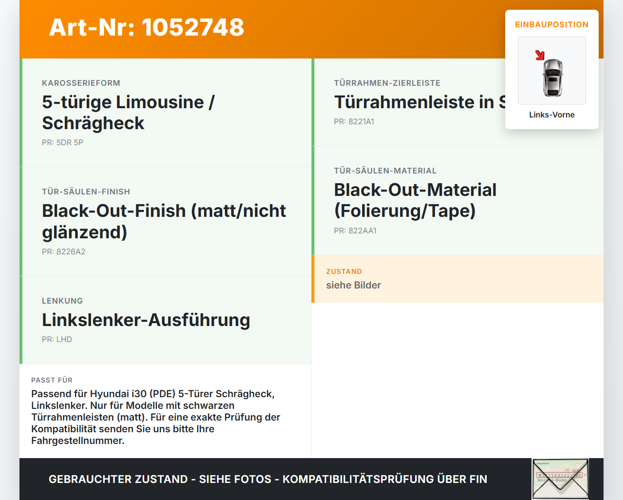 Hyundai PDE 17-20 Lim Dichtung für Rahmen Tür Links Vorne Hyundai PDE 17-20 28.03.2019 82130G4000 gebraucht Vorschau 3
