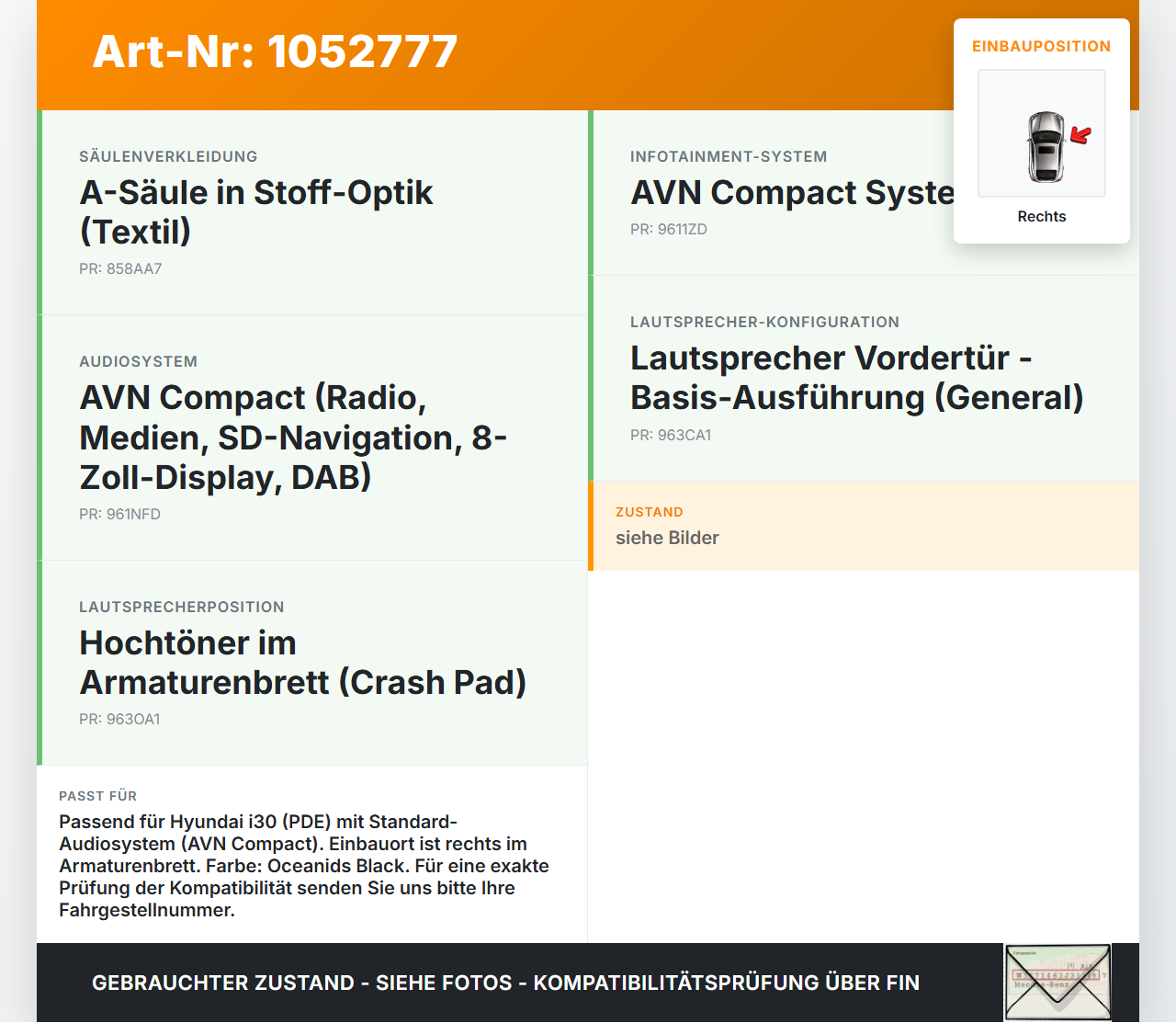 Hyundai PDE 17-20 Lautsprecher Hochtöner Rechts Hyundai PDE 17-20 28.03.2019 96311G3000 96311-G3000 gebraucht Vorschau 3
