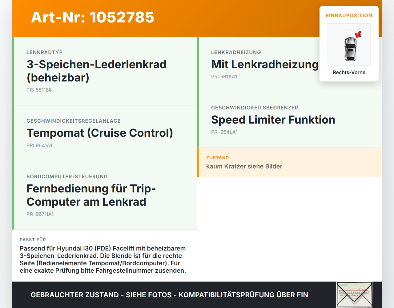 Hyundai PDE 17-20 Blende Rechts Vorne Applikation für Lenkrad Hyundai PDE 17-20 28.03.2019 56174G3000TRY gebraucht Vorschau 3