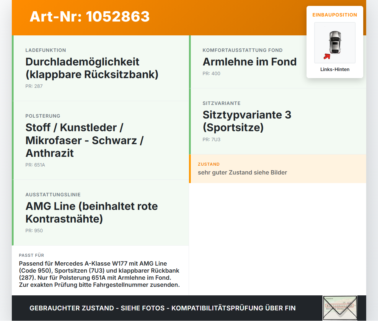 Mercedes W177 A200d 18-22 Lim Sitzbezug Sitzpolster Links für Rücksitzbank Hinten rote Naht Mercedes W177 A200d... Vorschau 3