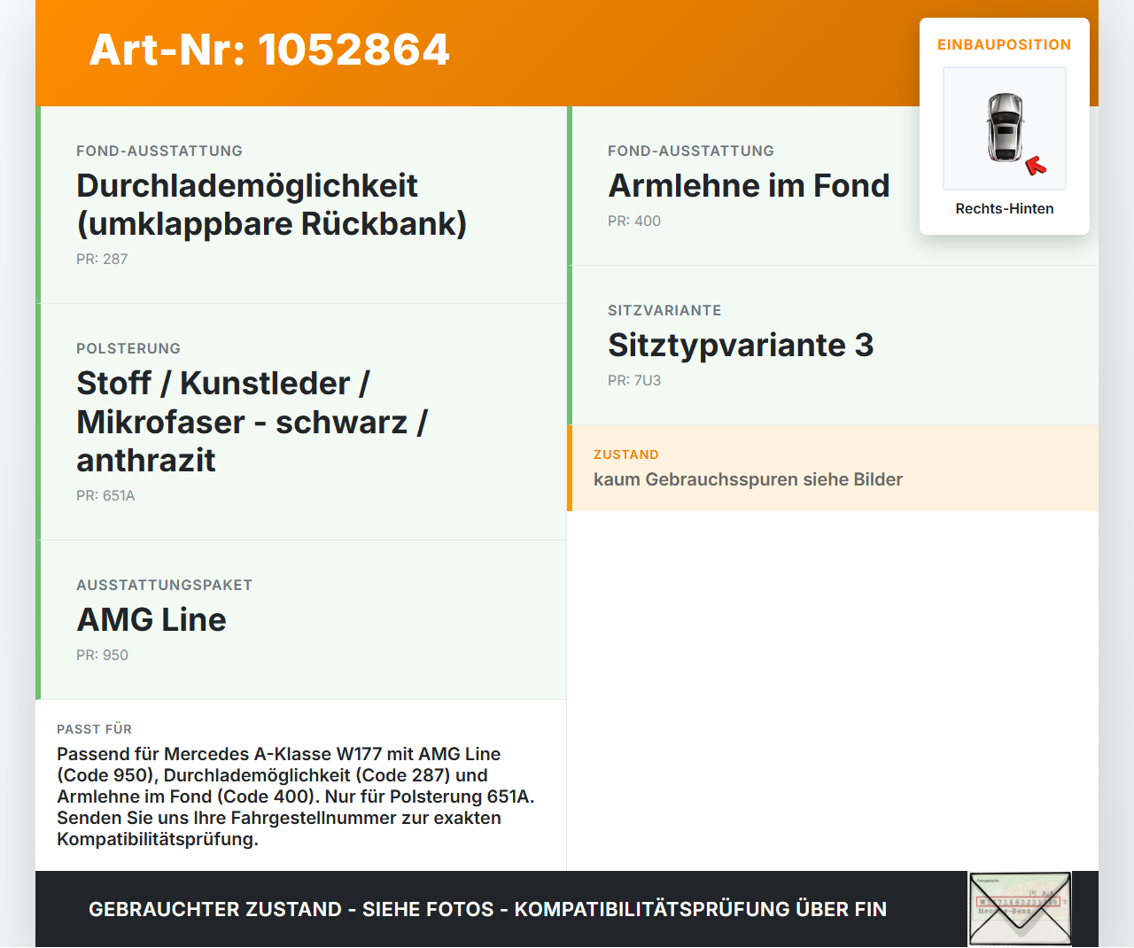 Mercedes W177 A200d 18-22 Lim Sitzbezug Sitzpolster Rechts für Rücksitzbank Hinten rote Naht Mercedes W177 A200d... Vorschau 3