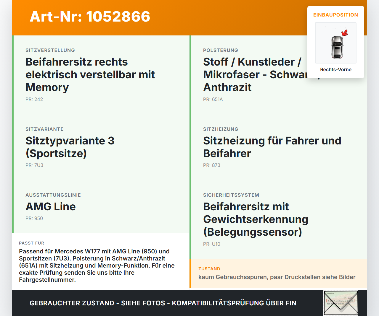 Mercedes W177 A200d 18-22 Lim Sitzbezug Sitzpolster für Beifahrersitz Rechts Vorne beheizt Mercedes W177 A200d... Vorschau 3