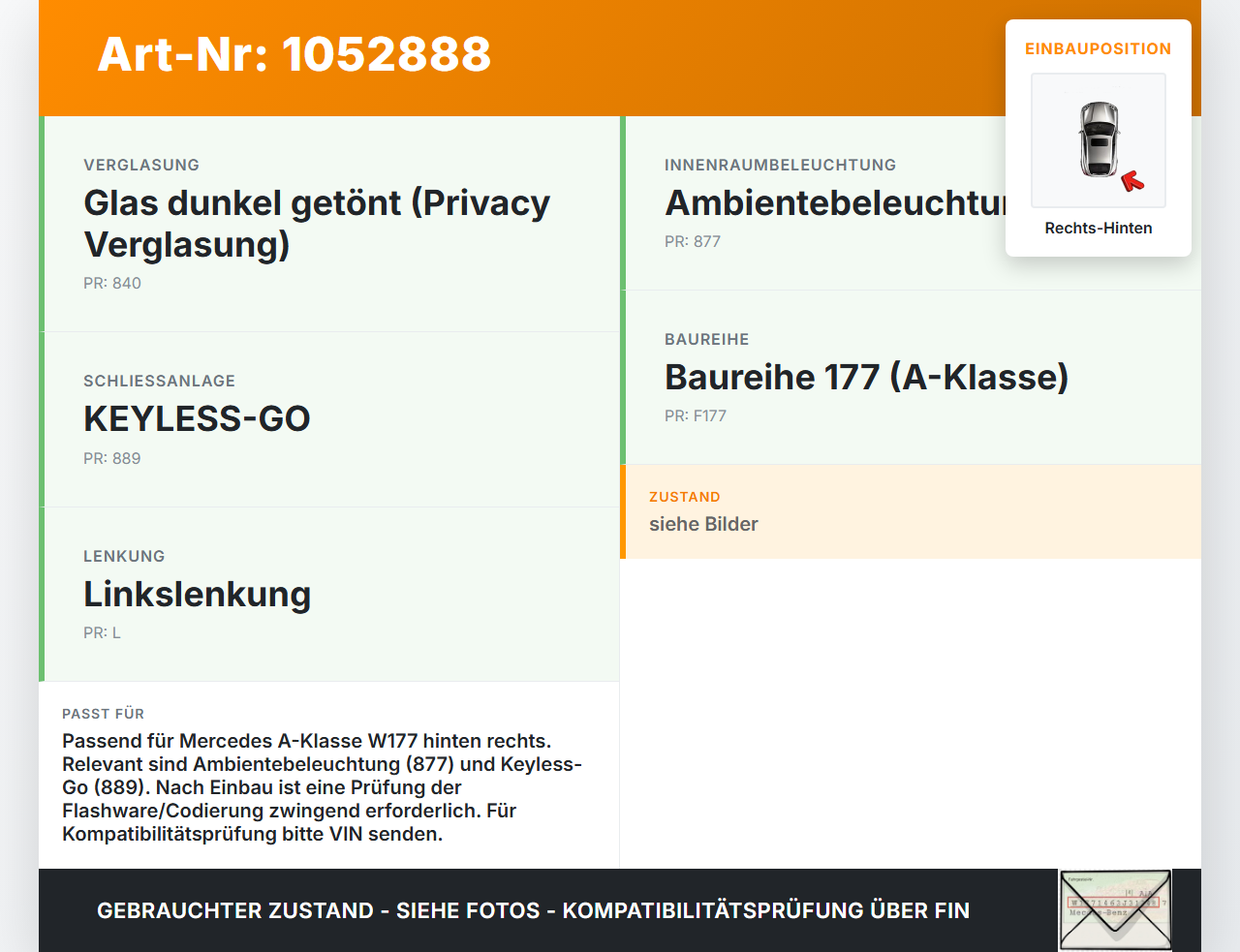 Mercedes W177 A200d 18-22 Steuergerät ECU Modul SG für Tür Rechts Hinten Mercedes W177 A200d 18-22 12.07.2019... Vorschau 3