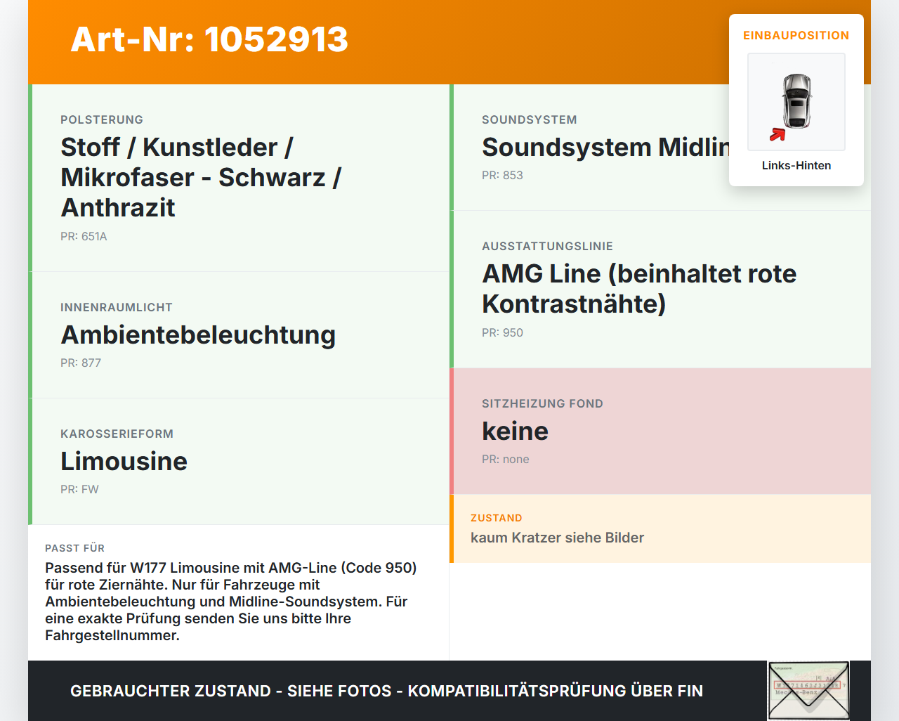 Mercedes W177 A200d 18-22 Lim Türverkleidung Türpappe Links Hinten rote Naht Mercedes W177 A200d 18-22 12.07.2019... Vorschau 3