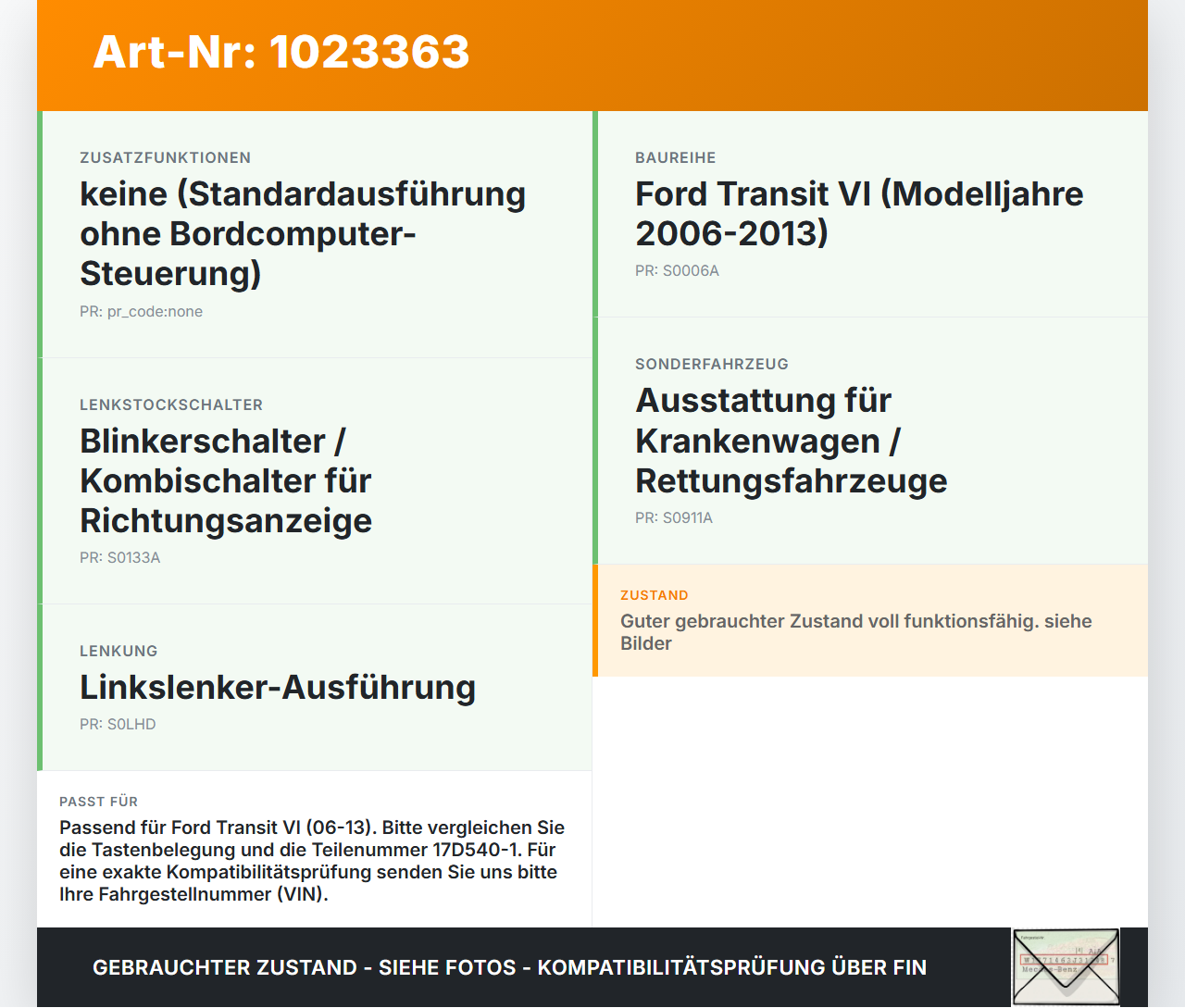 Ford Transit VI 06-13 Blinkerschalter Lenkstockschalter Blinker Ford Transit VI 06-13 26.11.2010 17D540-1 gebraucht Vorschau 3