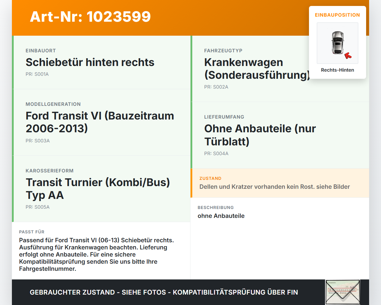 Ford Transit VI 06-13 Turnier Tür Schiebetür Rechts Hinten AA Ford Transit VI 06-13 26.11.2010 6C1V-B24603-BB... Vorschau 3