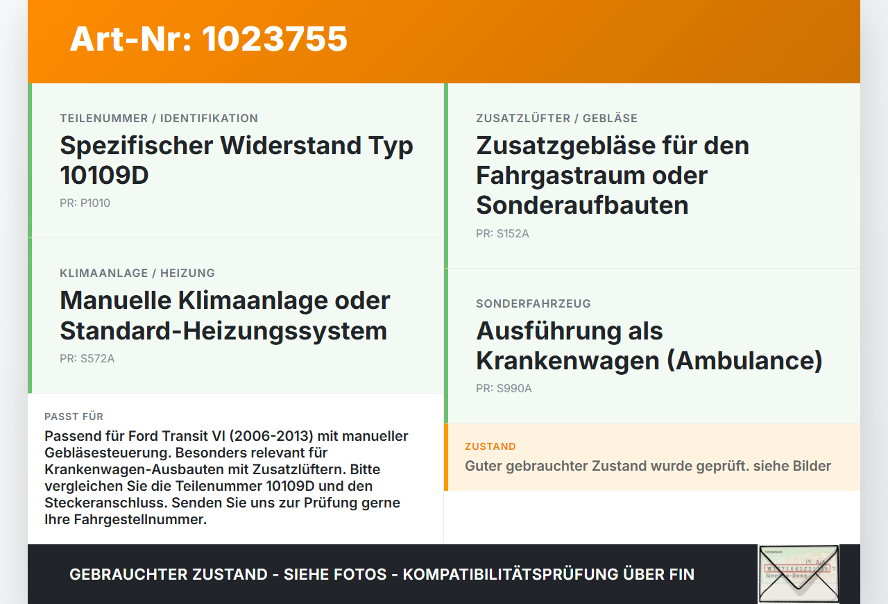 Ford Transit VI 06-13 Widerstand Gebläse Lüfter Ford Transit VI 06-13 26.11.2010 10109D gebraucht Vorschau 3