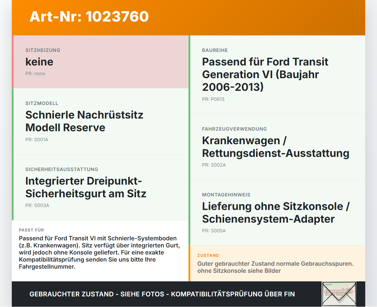Ford Transit VI 06-13 Nachrüstsitz Reserve mit Gurt Sitz Schnierle Ford Transit VI 06-13 26.11.2010 0242832 gebraucht Vorschau 3