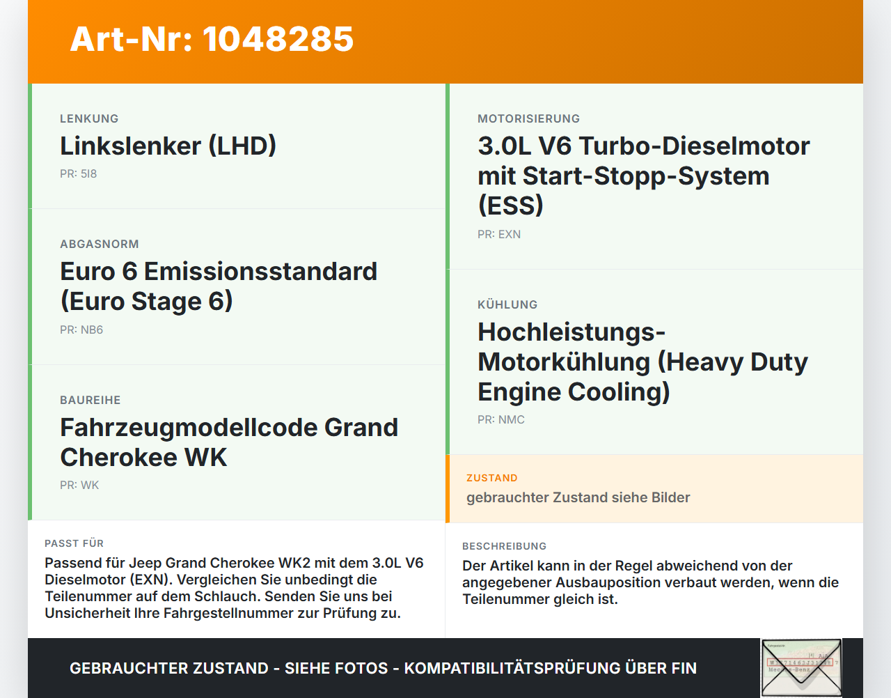 Jeep Grand Cherokee WK2 13-17 3,0d 184KW Ansaugrohr Ladeluftschlauch Luftschlauch Pos.1 Jeep Grand Cherokee WK2... Vorschau 3