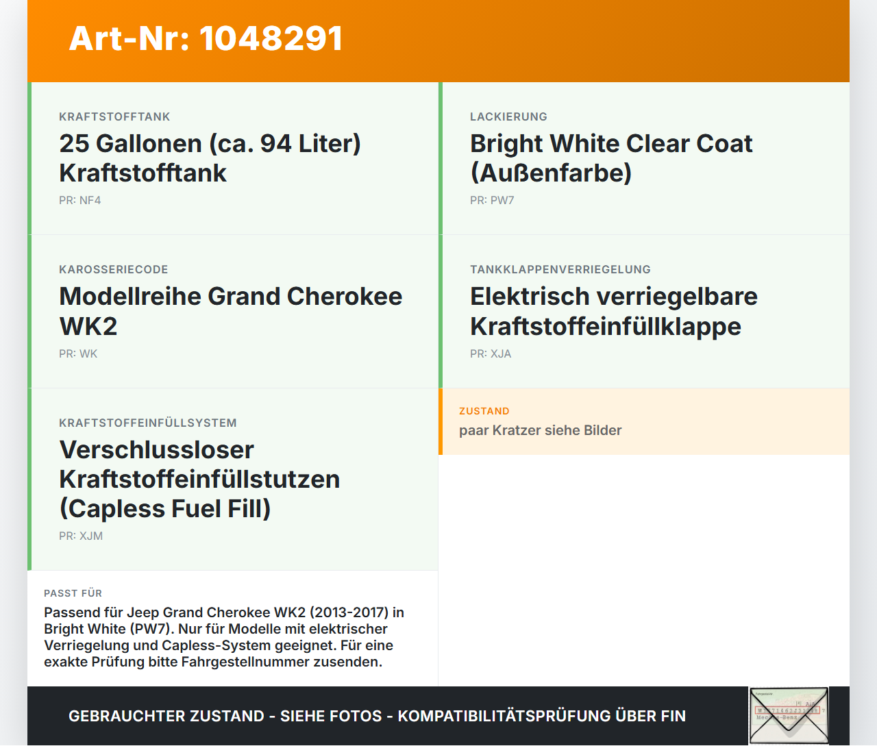 Jeep Grand Cherokee WK2 13-17 Tankdeckel Tankklappe PW7 Jeep Grand Cherokee WK2 13-17 24.02.2017 93785T gebraucht Vorschau 3